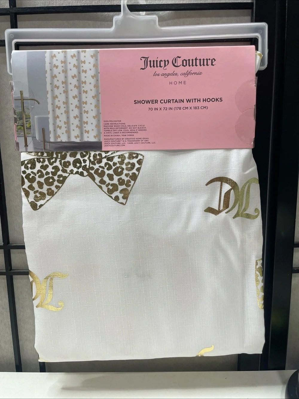 Juicy Couture White Shower Curtain with Gold Accents and Leopard Bow